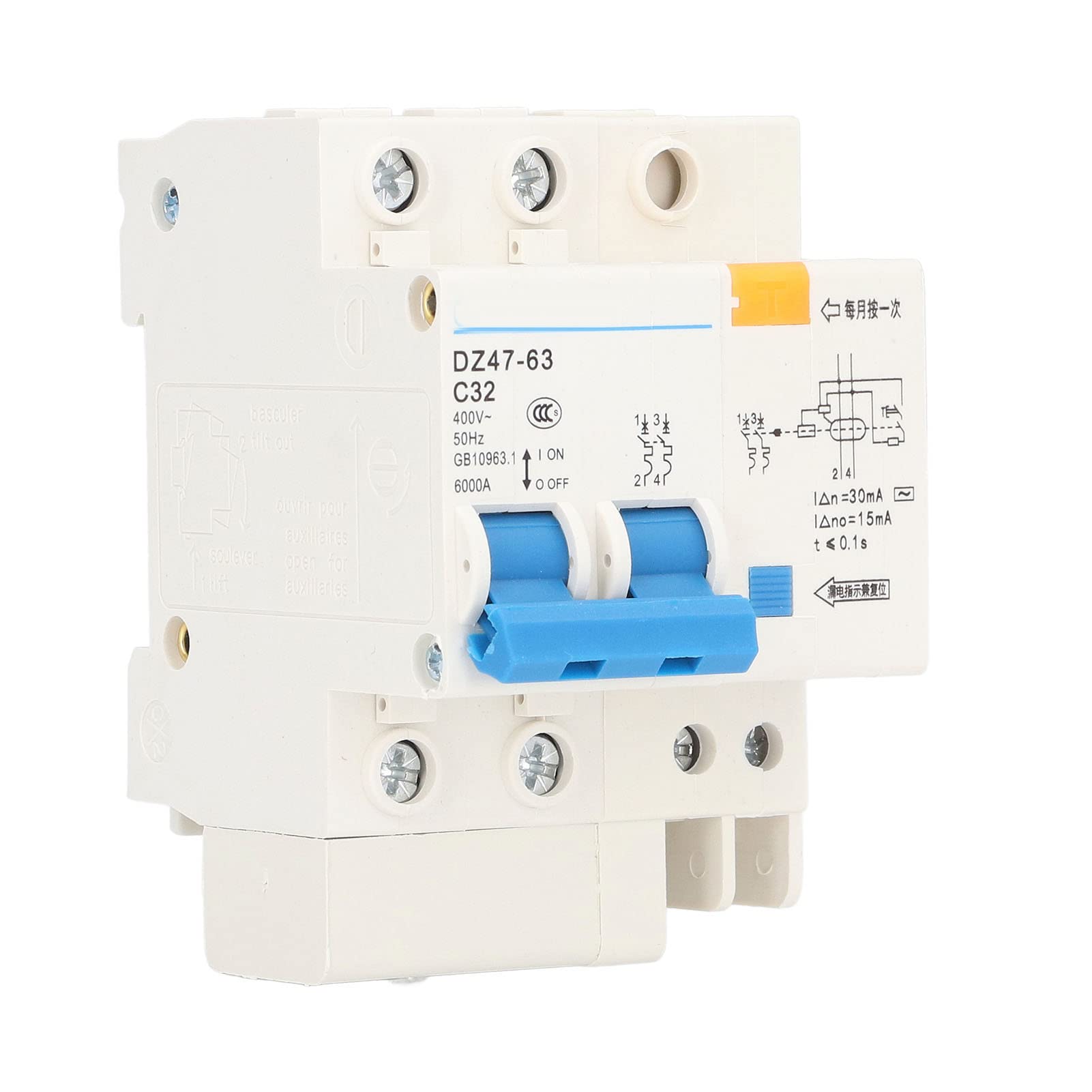 Miniature Circuit Breaker, DZ47-63 C32 2P+N 32A 30mA 400V Ground Fault Circuit Breaker Pa66 Leakage Protection Breaker