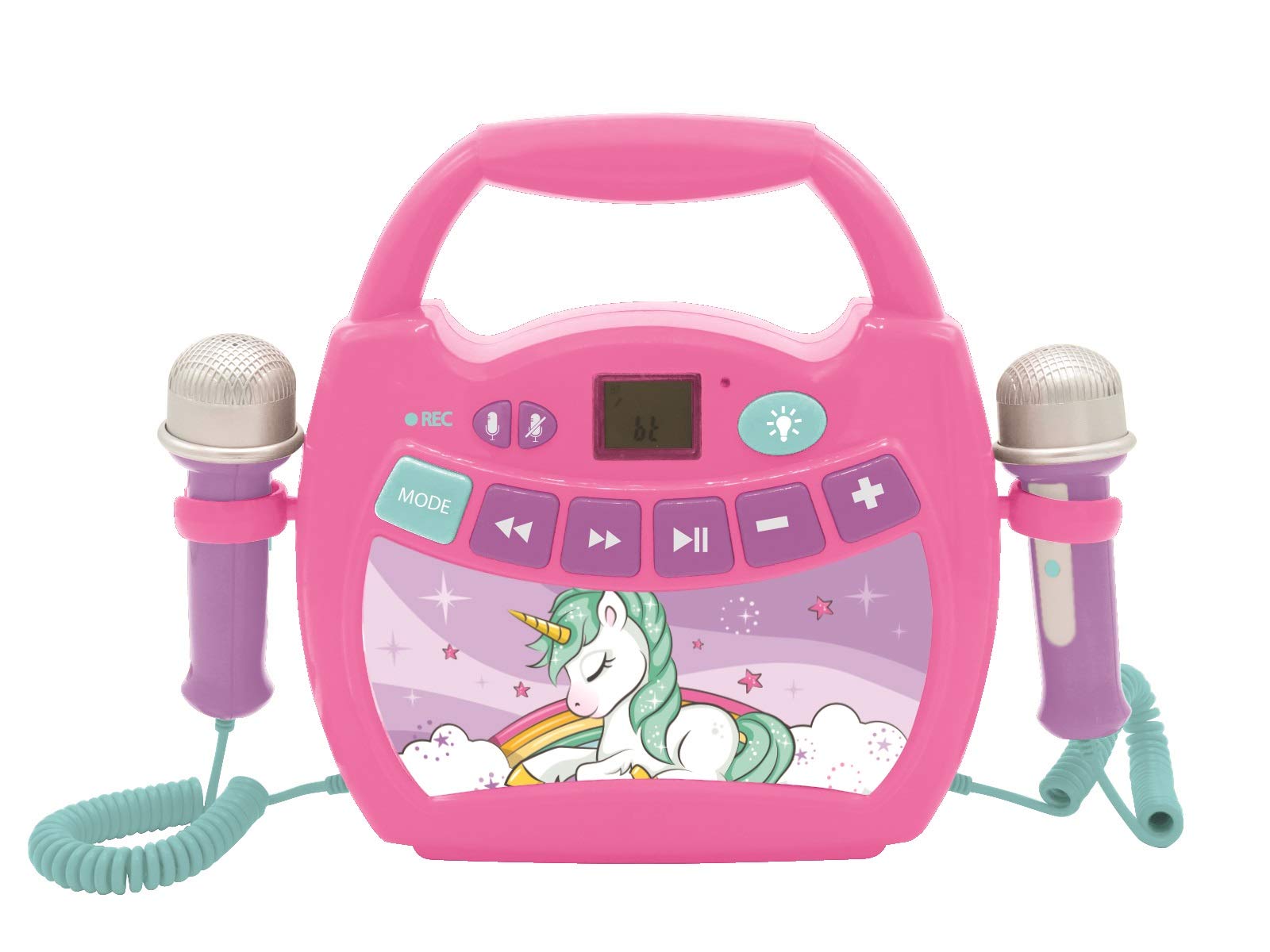 LEXIBOOK, Unicorn, Portable karaoke digital player for kids, Microphones, Light effects, Bluetooth®, Record and voice changer functions, Pink, MP320UNIZ — image 1