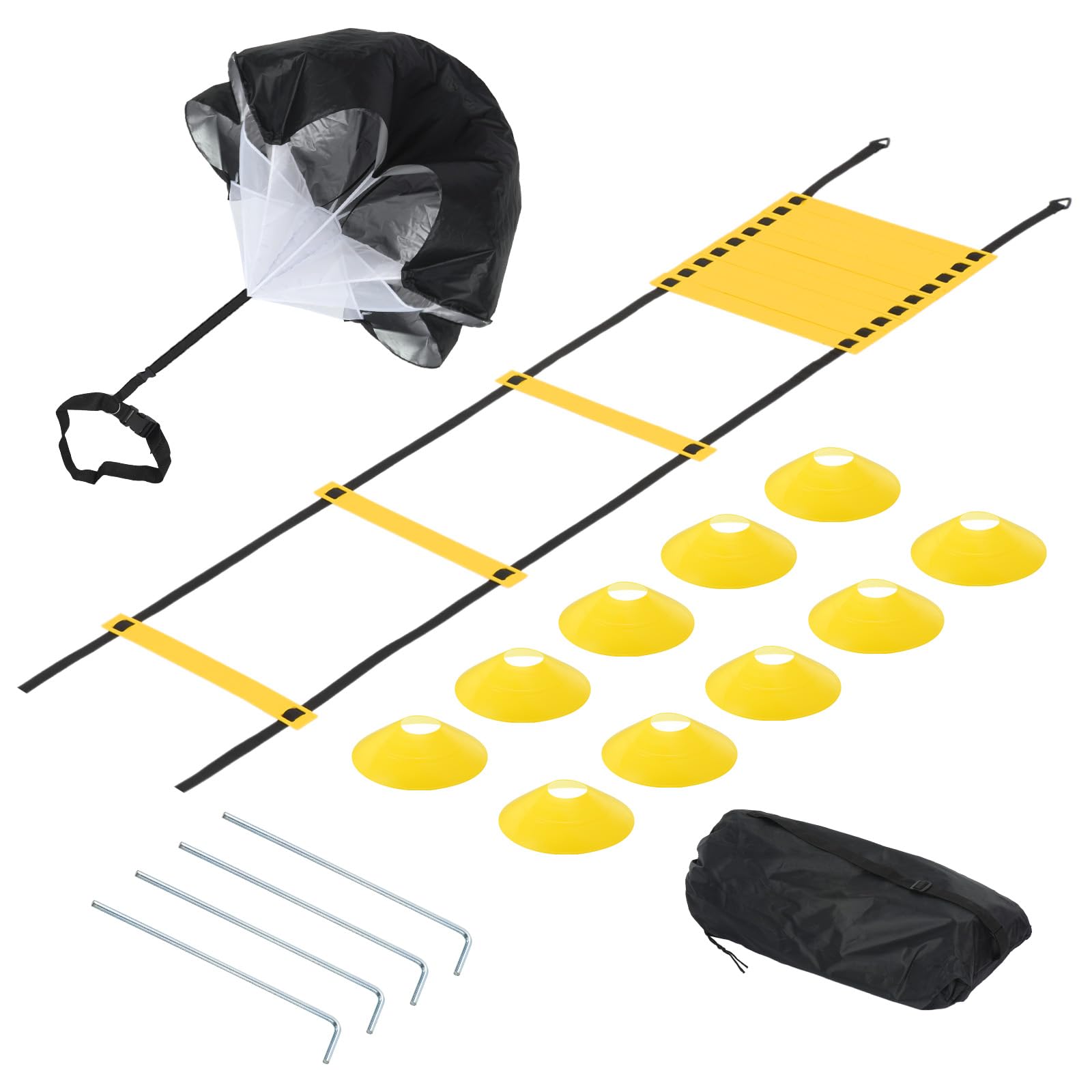 PATIKIL Agility Ladder Speed Training Equipment Soccer with 20Ft Exercise Ladder, Speed Parachute, 10Pcs Soccer Cones for Soccer Football Training, Yellow
