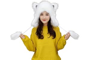 JIAHG Winter Thermal Plush Furry Earflap Ushanka Hat Faux Fur Windproof Hooded Beanie Animal Themed Costume Hat for Men Women