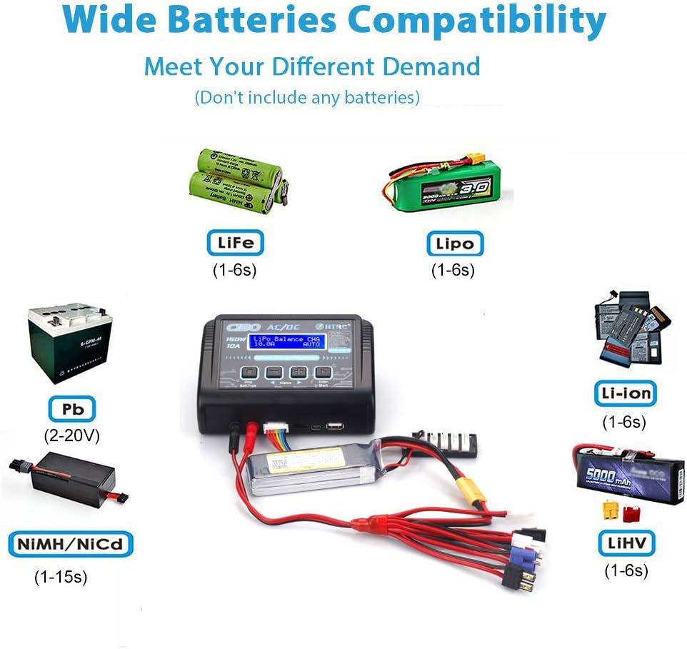HTRC LiPo Charger RC Battery Balance Discharger 150W 10A 1-6S AC/DC C150 for NiCd Li-ion Life NiMH LiHV PB Smart Battery (Black): Toys & Games