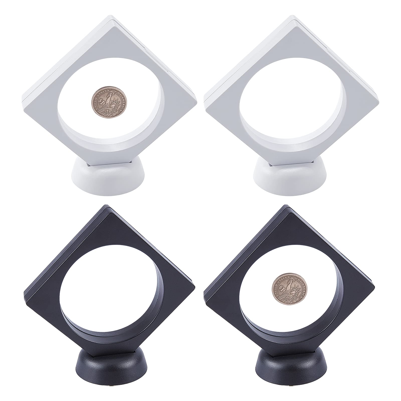 NBEADS 4 Sets 3D Floating Display Case, Stand Holder Suspension Frame with Bases for Jewelry Ring Challenge Coin Championship Badage, 8.9x8.9x2cm