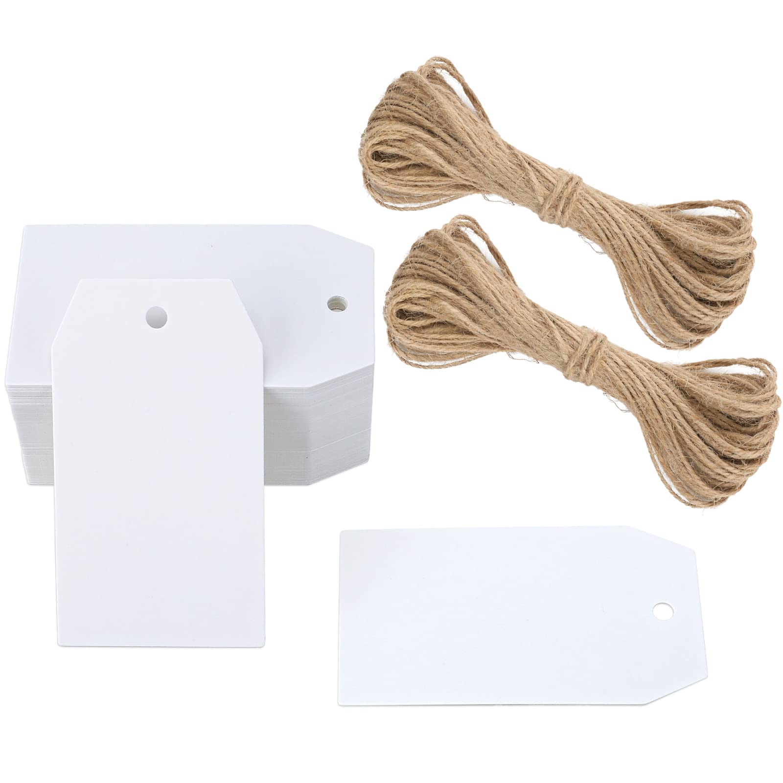 G2PLUS 100 PCS Kraft Gift Tags - White Blank Paper Tags 4x7 cm - 300g/m² Hang Paper Labels with String for Wedding Favors Presents