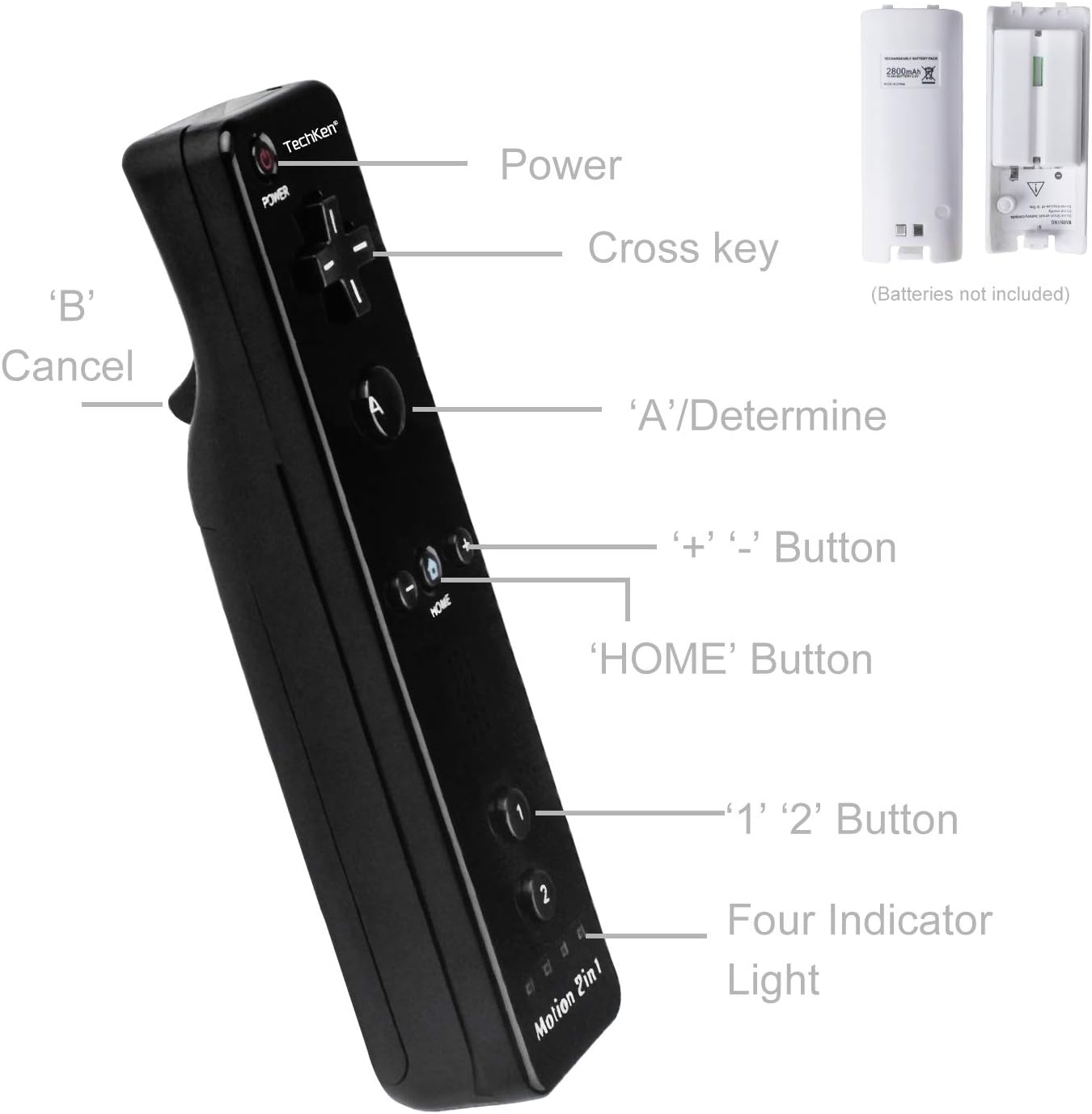 TechKen Remote Controller for Wii Built-in 2 in 1 Motion Plus with Silicon Case and Nunchuck (Black) - Image 5