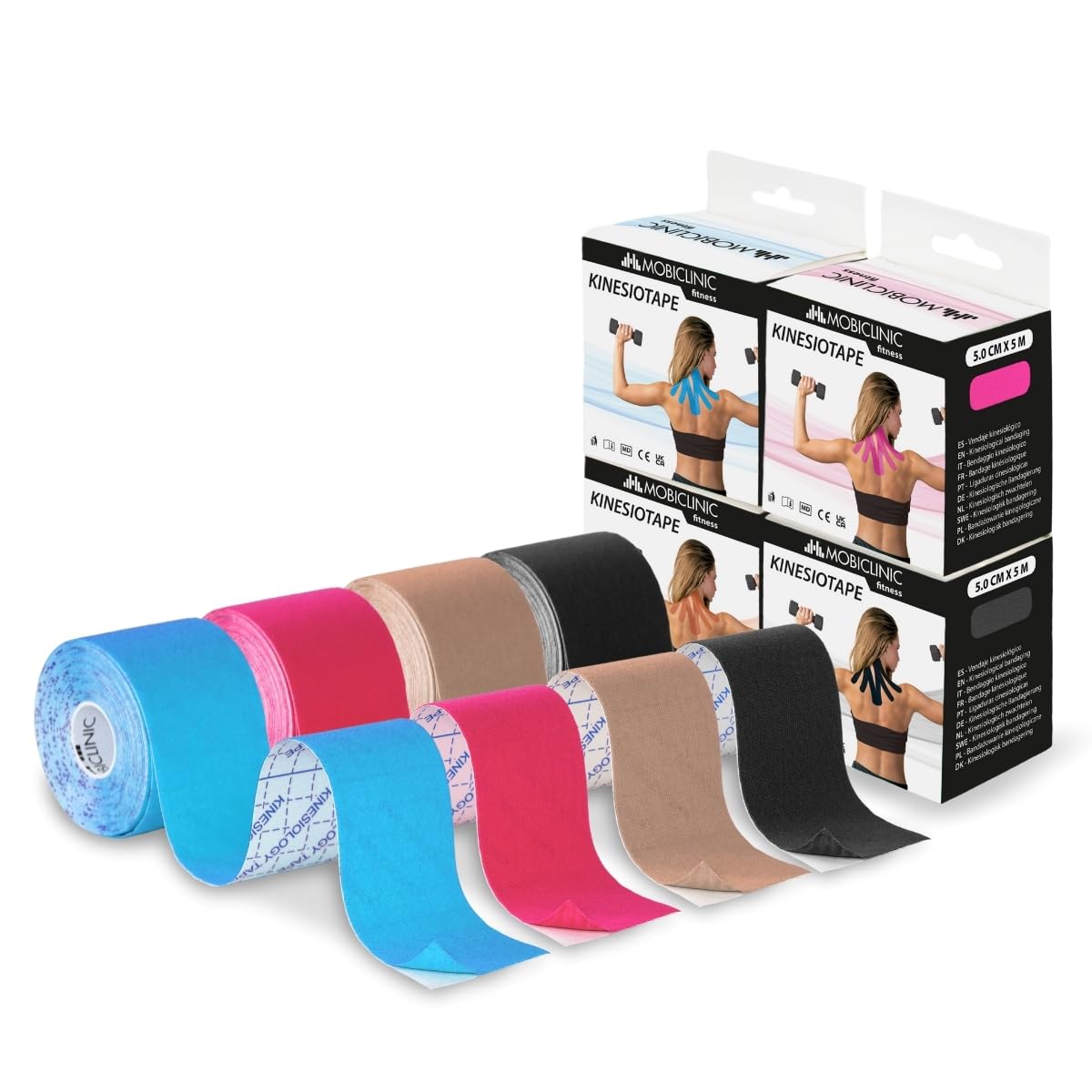 Mobiclinic®, 4 Rolls of Kinesiology Tape, Neurological Tape, Rolls of 5m x 5cm, Sports Tape, Muscle Relaxation, Kinesiology Bandage, Face Tape, 4 Colours