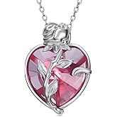 Plesitep Rose Necklace for Women Sterling silver Rose Flower Pendant Necklace with Heart Crystal Jewelry Valentine’s Day Gifts