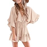 Valphsio Womens V Neck Beach Romper Ruffle Layered Drawstring Waisted Shorts Jumpsuit