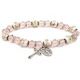 Needzo Pink Miraculous Medal Bracelet, Glass Floral Beads with Metal Crucifix Pendant, Catholic Gifts for Women, 7.5 Inches, Stretchable