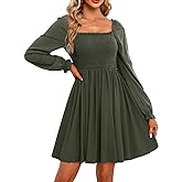 Holipick Women's Casual Square Neck Smocked Dress Shirred Ruffle Puff Sleeve High Waist Cute Flowy A-Line Short Dress