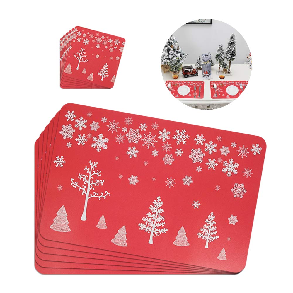 Lifreer Christmas Placemats, Waterproof Non-slip Nonstick Heat Resistant Placemats, Cushions Cup Coasters Dining Table Mats Placemats for Christmas Decoration 12pcs Red