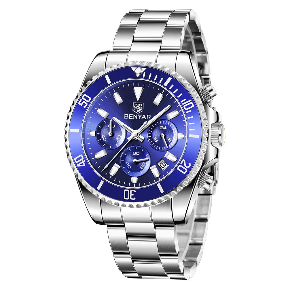 BENYAR Men's Watch Chronograph Analogue Quartz Movement Stainless Steel Strap Waterproof 30 m Green Dail with Date Calendar Wrist Watch for Men, Best Gift Casual and Business, Blue, Strap, Blue,