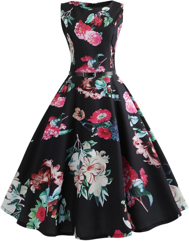 Women Dresses Gown Retro Floral Lace Dress Slim Fit Printed Dresses Vintage Printing Dress Bodycon Sleeveless Casual Evening Party Prom Swing Dress New Look