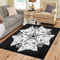 Pinbeam Area Rug Black Cat Head Round Portrait Madnala Moon Pentagram Home Decor Floor Rug 5