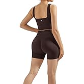 SUUKSESS Women 2 Piece Workout Sets Tracksuit Hidden Scrunch Butt Lifting Biker Shorts Square Neck Tank Tops (Brown,S)