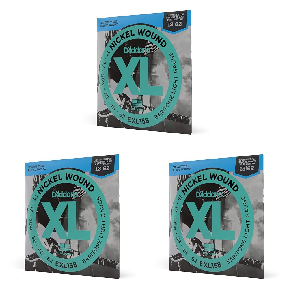 D'Addario Guitar Strings - XL Nickel Electric Guitar Strings - EXL158 - Perfect Intonation, Consistent Feel, Reliable Durability - For 6 String Guitars - 13-62 Light Baritone (Pack of 3)