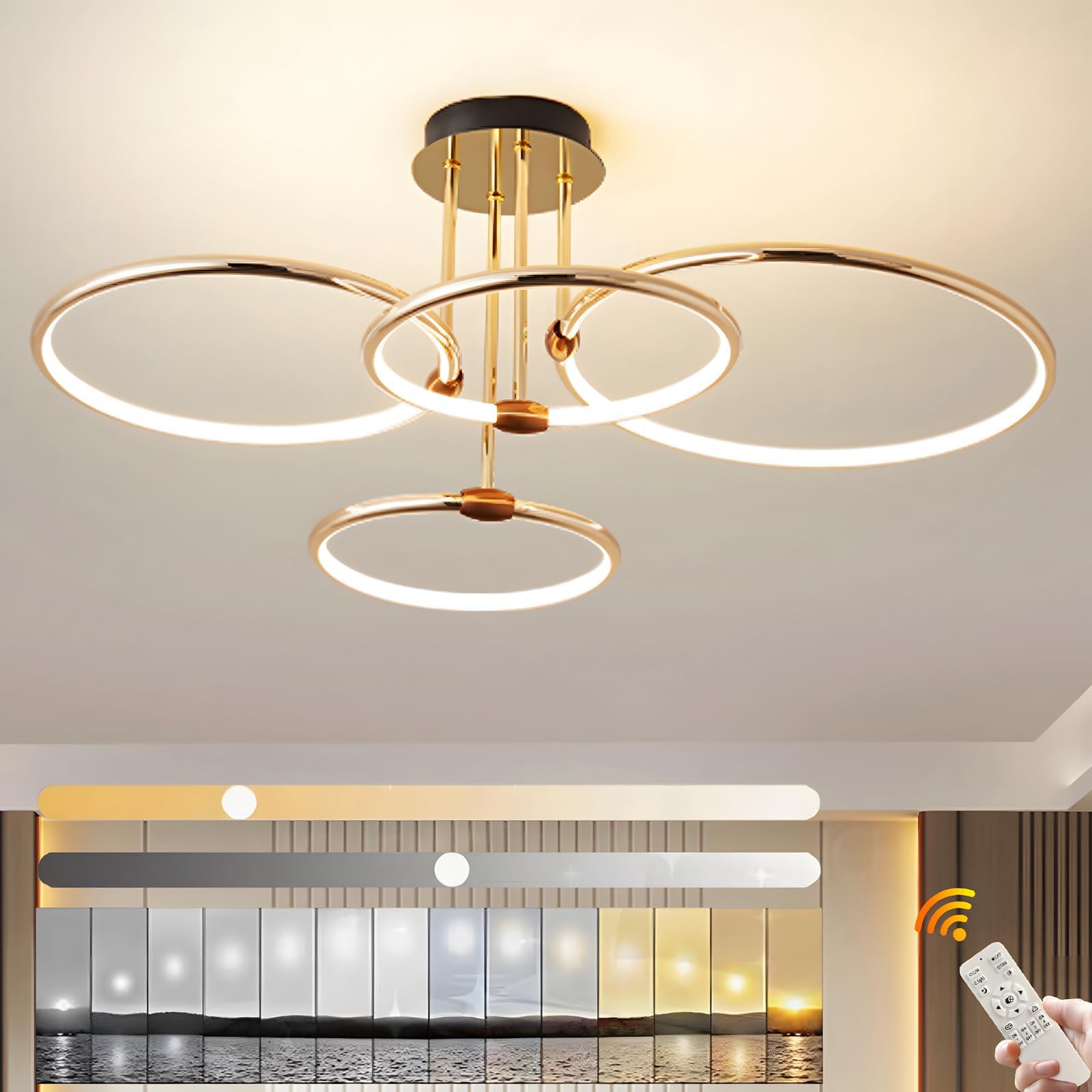 YYUTLUO LED Ceiling Light, Ø75cm Gold Metal Circle Chandelier, 85W Stepless Dimmable 3000-6000K, Modern Round Electroplate Pendant, Bedroom Living Children Office Study Kitchen Hallway(4 Ring)