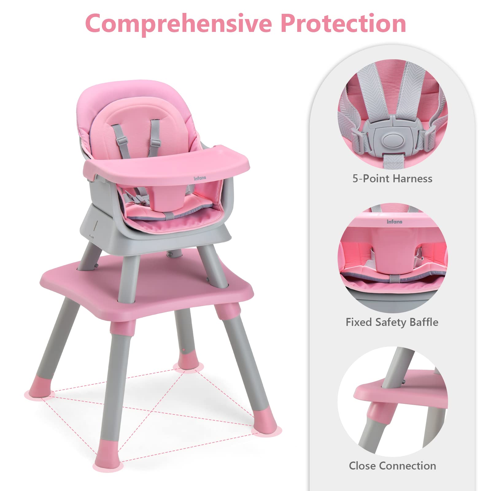 INFANS 8 in 1 Baby High Chair, Convertible Highchair for Babies and Toddlers, Infant Dining Booster Seat, Building Block Table, Kids Stool Table Chair Set with Removable Tray