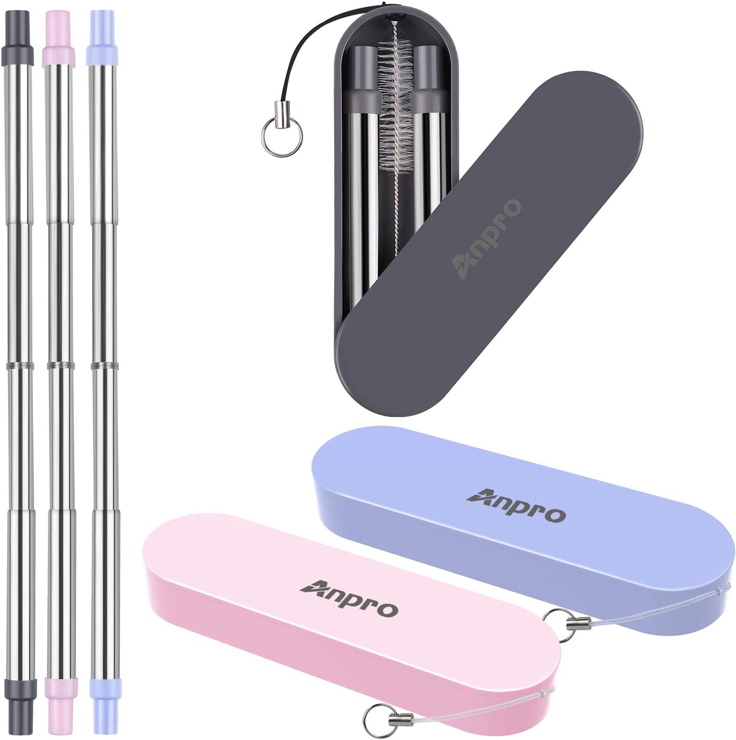 Reusable Straws Telescopic Metal Travel Straws - Anpro Stainless Steel Drinking Straws, Portable Collapsible Straw with Case & Key chain & Cleaning Brush, 3 Pack