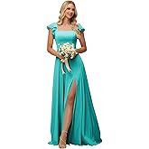 LORIE Satin Bridesmaid Dresses for Women 2026 Short Ruffle Sleeves Long Wedding Guest Dress with Slit