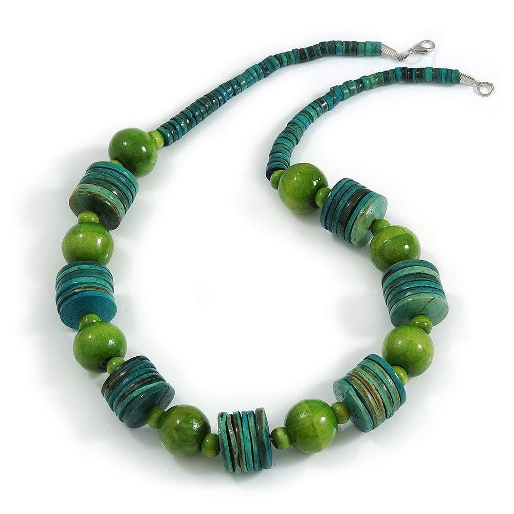AvalayaGreen/Lime Wood Button & Bead Chunky Necklace - 60cm Long