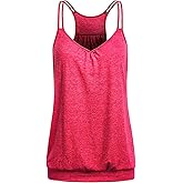 Wobity V Neck Tops for Women Racerback Loose fit Tank Tops Double Spaghetti Strap Athletic Yoga Camisole with Baned Bottom