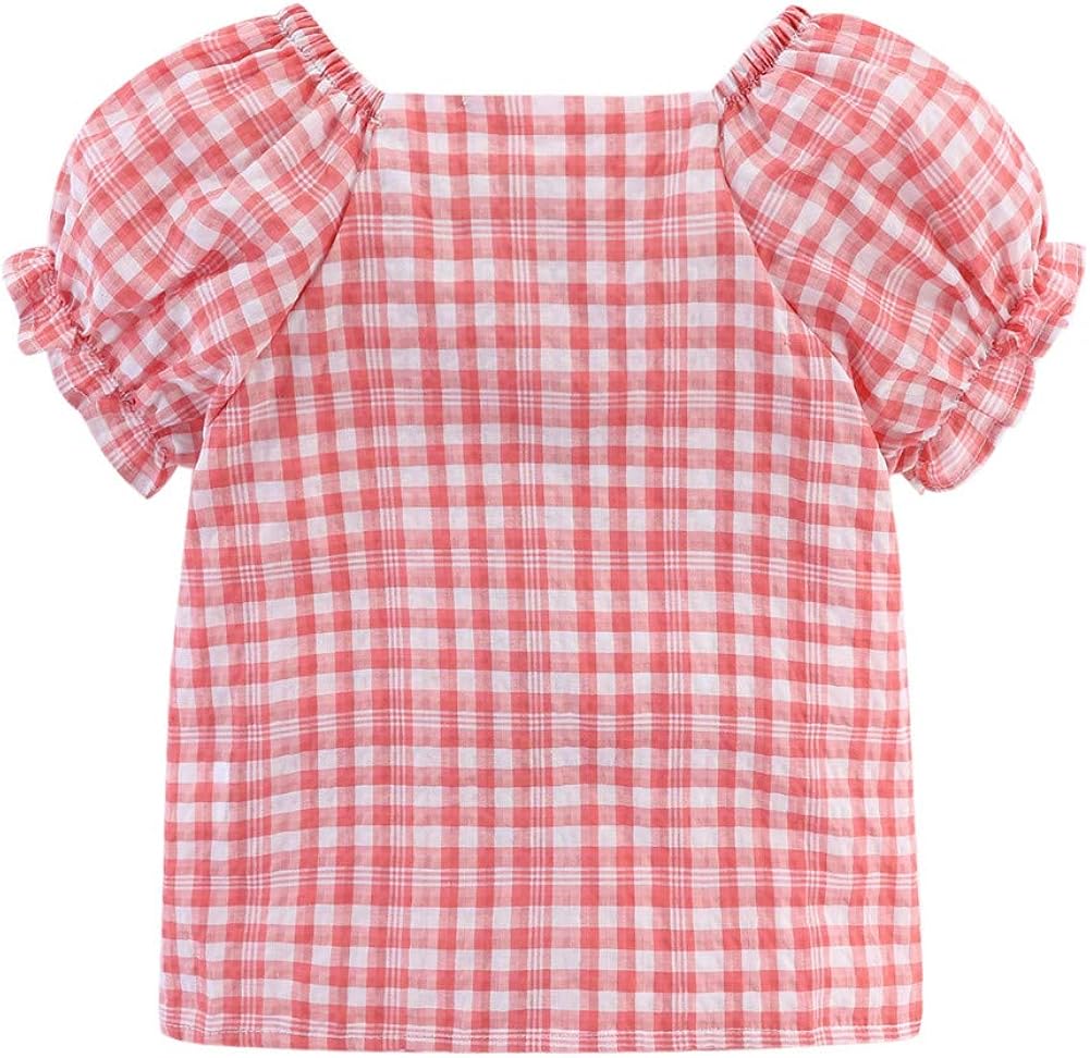 Mud Kingdom Little Girls Blouse Plaid Puff Sleeve Button Down Summer Holiday: Clothing