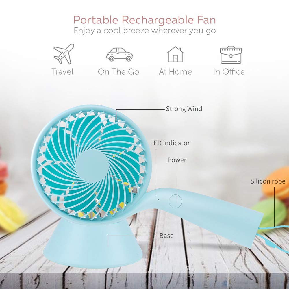 LBTbate Mini Handheld Fan, Portable Personal Fan Chargeable Battery Operated Powered Cooling Desktop Electric Fan with Base, 3 Speeds for Office/Home/Travel/Outdoor (Green)