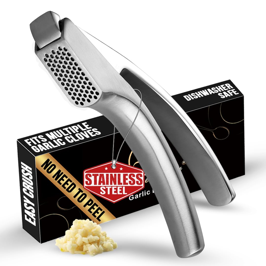 Photo 1 of No Peeling Required Garlic Press Stainless Steel with Detachable Handle for Fine Mincing-Premium Garlic Mincer Tool, Rust-Proof, Easy to Clean, Dishwasher Safe Garlic Crusher with Lifetime Replacement