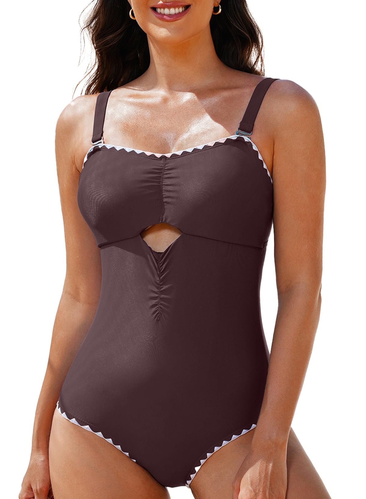 Photo 1 of Aleumdr Womens Swimsuits One Piece Swimsuit Cut Out Color Block Tummy Control Bathing Suits for Women 2024 Slimming Swimwear Brown Small