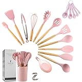 ZCOINS 14+1 PC Silicone Cooking Utensils Set with Wooden Handles & Holder, Kitchen Gadgets, Kitchen Tool Set Gift, Pink