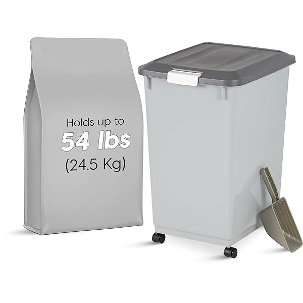 IRIS USA DOG FOOD STORAGE CONTAINER WITH WHEELS, AIRTIGHT LID, 2-CUP SCOOP, UP TO 54 POUNDS PET FOOD STORAGE, BUILT IN SCOOP STORAGE IN LID, VERSATILE PET FOOD BIN, PORTABLE, BPA FREE, GRAY/DARK GRAY