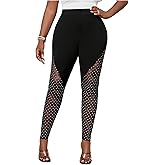 WDIRARA Women's Plus Size Rhinestone Mesh Leggings Patchwork High Waisted Skinny Pants