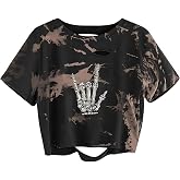 vblane Graphic Oversized Crop Tops for Women Loose Cropped Distressed Tshirt Short-Sleeve Vintage Boxy Tee Shirts