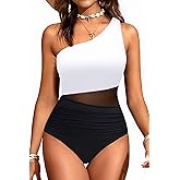 Yonique Women One Piece One Shoulder Swimsuit Mesh Bathing Suit Tummy Control Swimwear