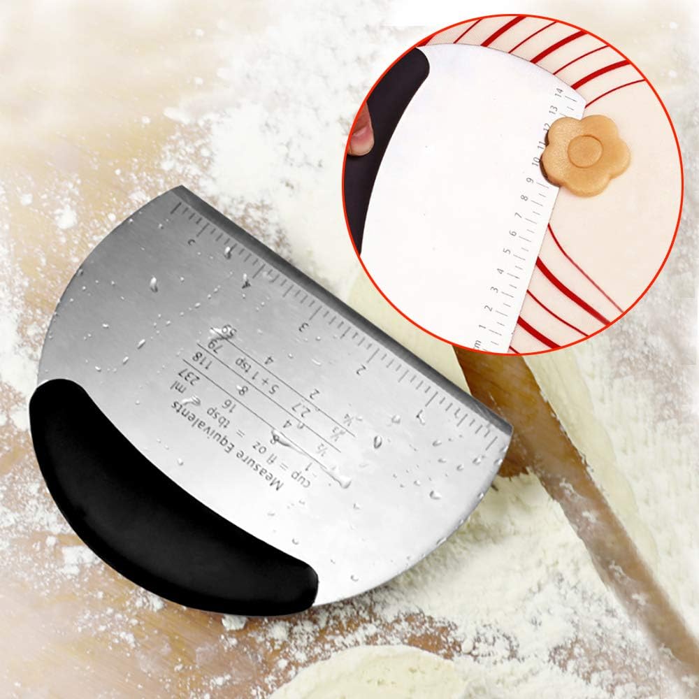 Dough Scraper, 3 Pcs Pastry Pizza Cutter Chopper with Handle and Measuring Scale, Stainless Steel, White - Image 5
