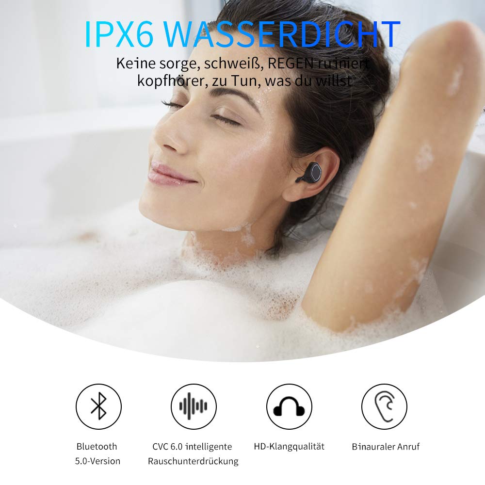 Bluetooth Kopfhörer in Ear - Bluetooth Headset V5.0 Stereo-Minikopfhörer Ohrhörer Bluetooth Kabellos IPX6 Wasserdicht True Wireless Earbuds mit Ladekästchen und Integriertem Mikrofon, von Ruicer