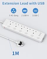 Mscien Extension Lead 1M 5 Way with 3 USB Slots USB-A USB-C Individually view 2