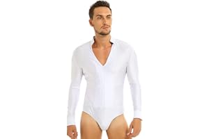 Hansber Men's V-Neck Shiny Rhinestones Dance Shirts Figure Skating Bodysuit Leotard Ballroom Latin Tango Dance Costume