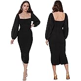 MllesReve Women Long Puffy Sleeve Midi Wedding Guest Dress Ruched Bodycon Tea Length Cocktail Party Dresses Graduation Gown