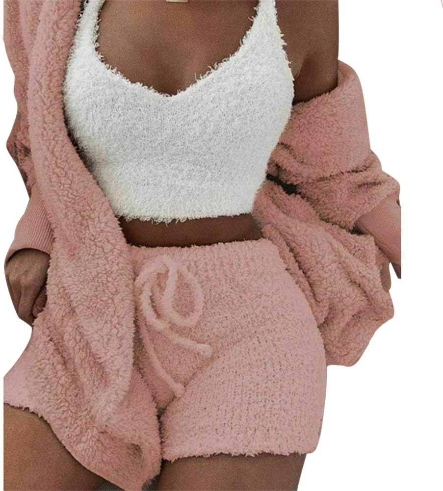 RollingBronze Fluffy Hooded Long Sleeves Coat Open Front Teddy Shorts Vest Set for Women Winter New