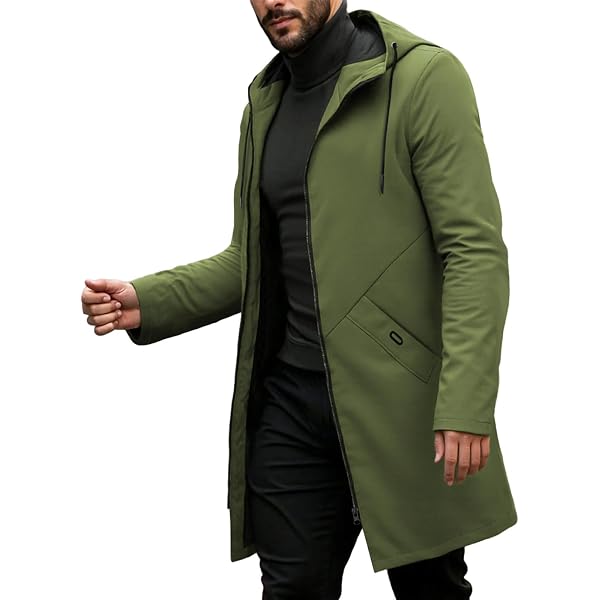 Thatrich Hooded Trench Coat Men Mid Length Winter Coat Lightweight