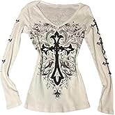SOLY HUX Women's Gothic Tops Graphic Print V Neck Long Sleeve Fitted Tee Shirts Vintage Streetwear