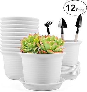 Plastic Planters, 12Pcs Flower Plant Pots, Indoor & Outdoor Modern Decorative Gardening Pot with Drainage Hole and Pallet for All House Plants, Herbs, Seedlings, Nursery, Succulents and Cactus - White