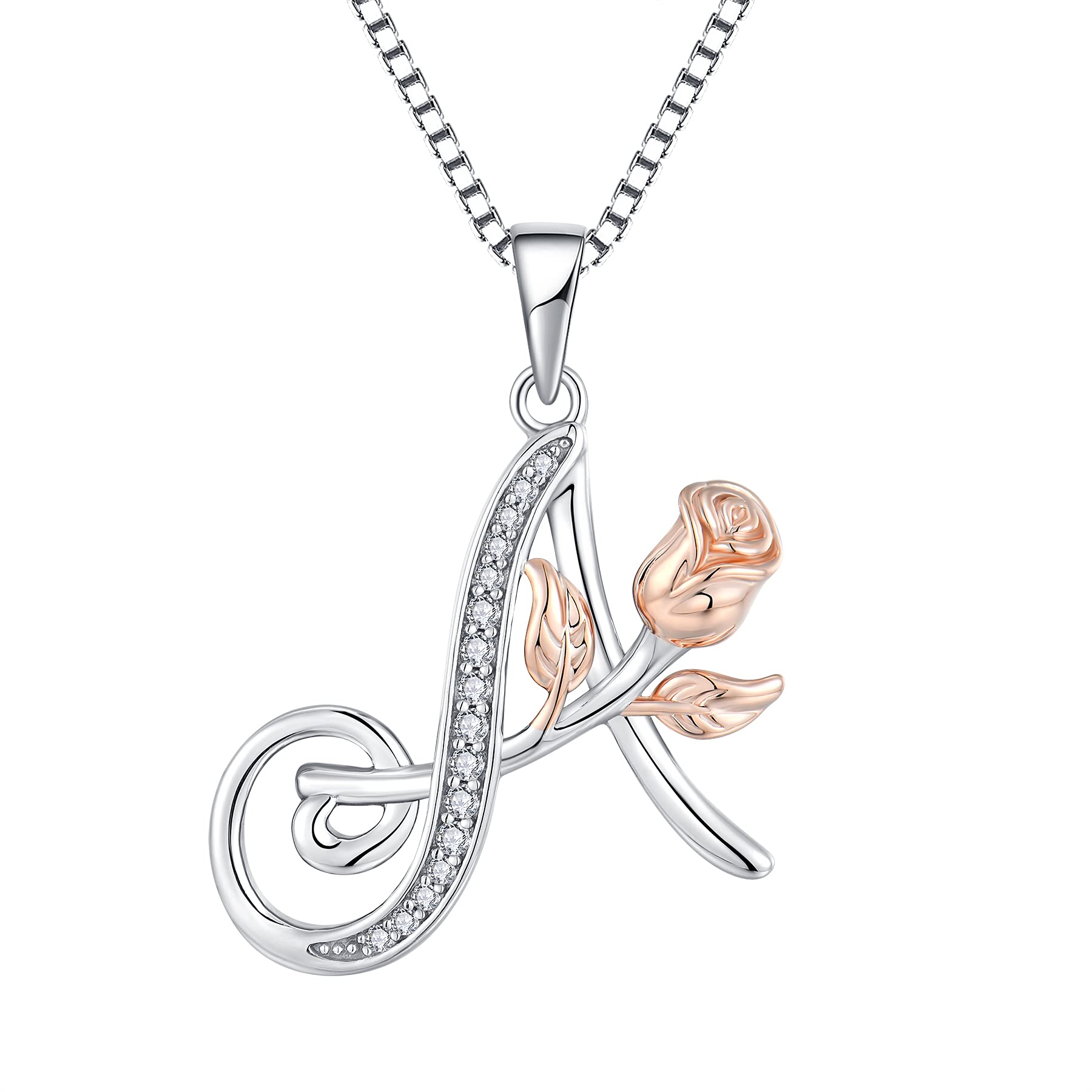 starchenie Alphabet Rose necklace Letter A Necklace Zirconia Pendant 925 Sterling Silver Necklace for Women