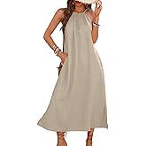 vinglam Summer Women's 100% Linen Midi Dress Casual Sleeveless Baggy Dresses with Slit