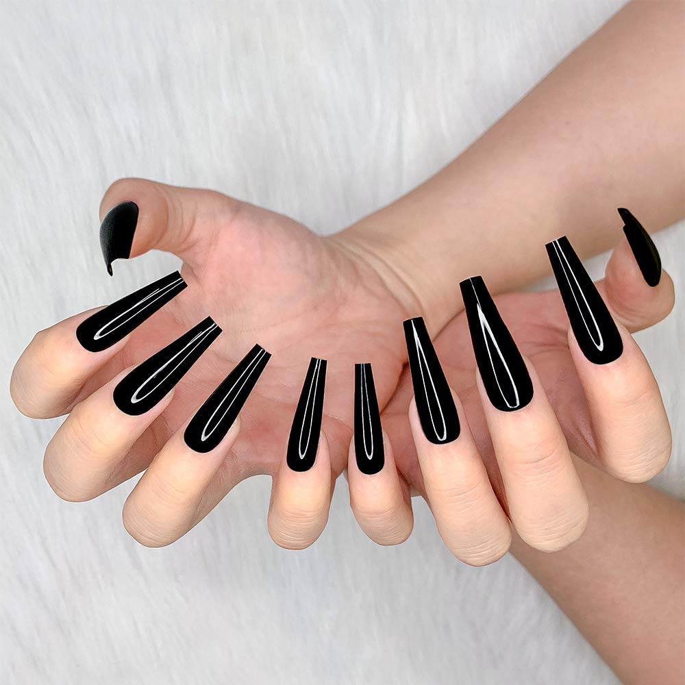 Artquee 24pcs Black Pure Color Ballerina Long Coffin Glossy Fake Nails Press on Nail False Tips Manicure for Women - Image 2