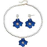 Dreuyet Bohemian Daisy Flower Earrings Necklace Set for Women Boho Layered Matte Long Petal Earring Dainty Floral Pearl Necklace Wedding Spring Holiday Jewelry