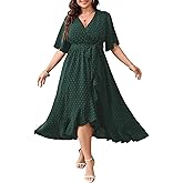 SCOMCHIC Women's Plus Size Summer Dresses Short Sleeve Wrap V Neck Swiss Dot Boho High Low Split Ruffle Maxi Dress