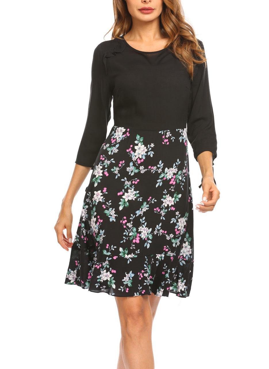 Zeagoo Floral Printed Dress Mid Sleeve Slim Fit Midi Dresses For Women by Etuoji