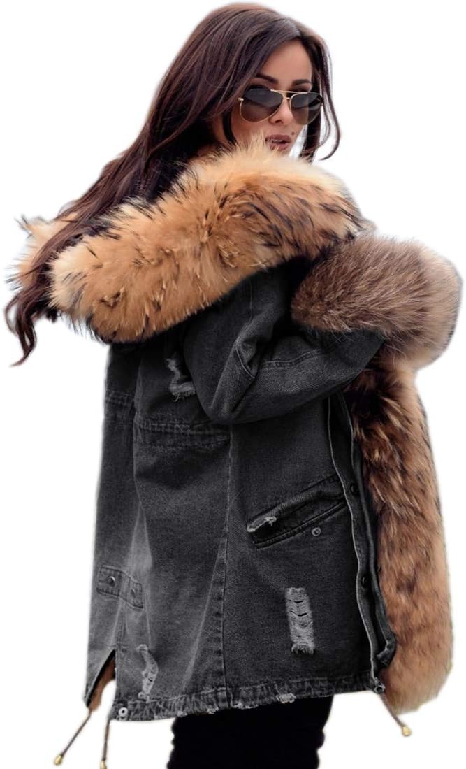Roiii Women Ladies Fleece Lining Denim Coat Hooded Parka Winter Top Jacket Outwear 8-20